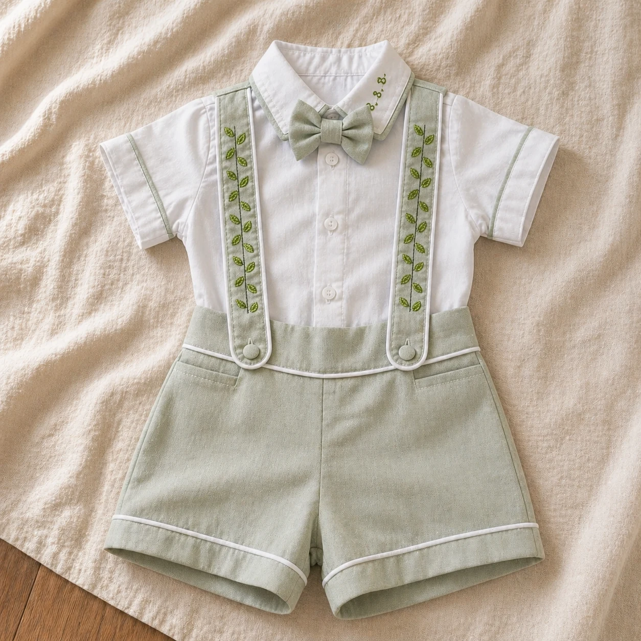 Conjunto Versátil em variação social com camisa branca, gravata-borboleta e suspensórios verde-sálvia