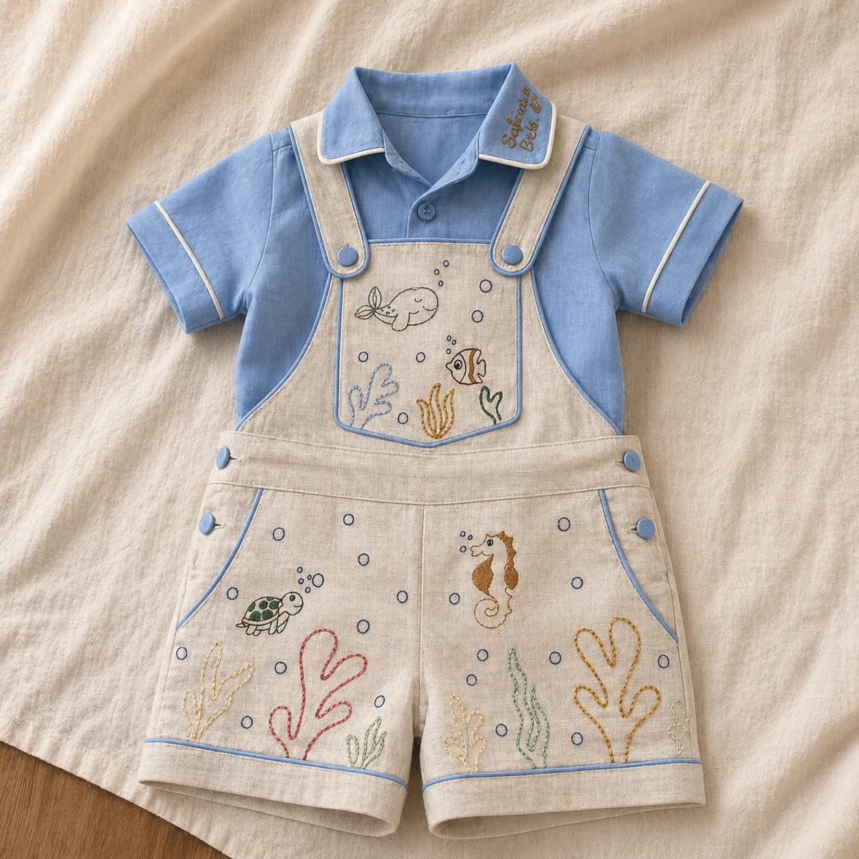 Jardineira Premium creme com detalhes baby-blue e bordado tema Fundo do Mar